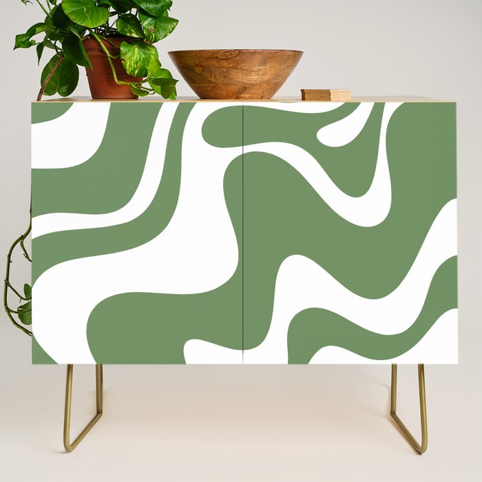 Retro Liquid Swirl Contemporary Abstract Pattern 2 in Fern Green and White Credenza Gallery Image 1