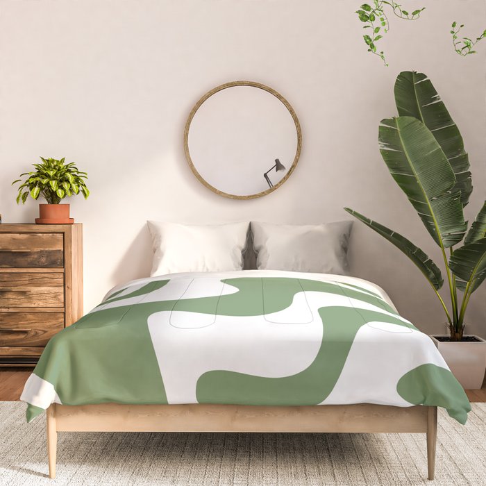 Retro Liquid Swirl Contemporary Abstract Pattern 2 in Fern Green and White Comforter Gallery Image 3