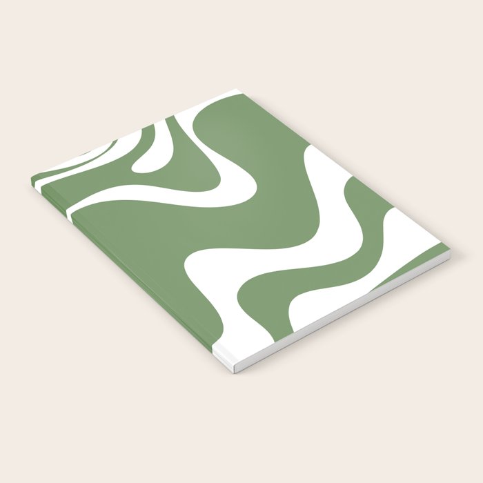 Retro Liquid Swirl Contemporary Abstract Pattern 2 in Fern Green and White Notebook