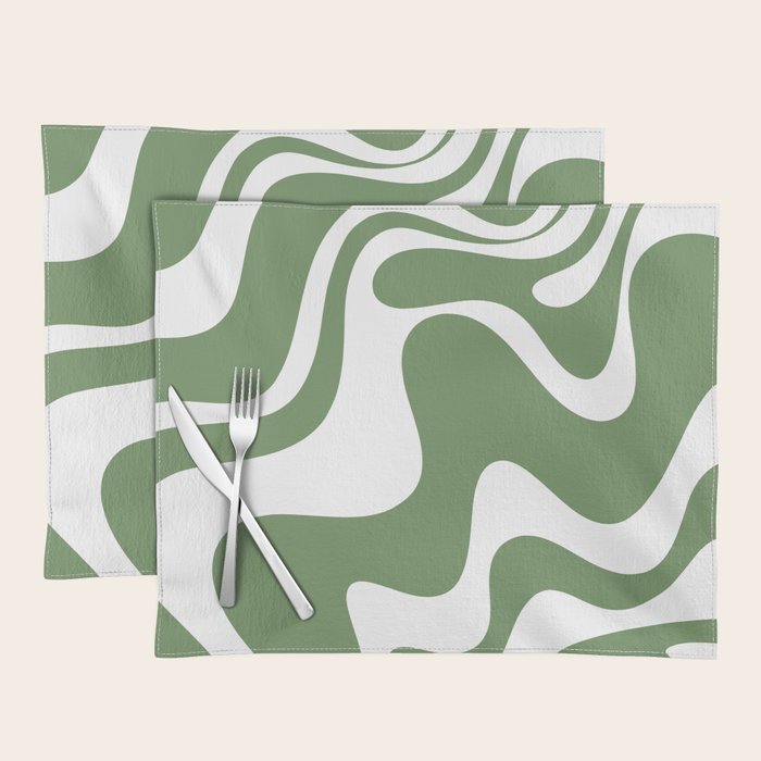 Retro Liquid Swirl Contemporary Abstract Pattern 2 in Fern Green and White Placemat Gallery Image 1