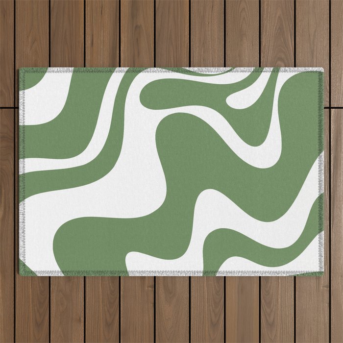 Retro Liquid Swirl Contemporary Abstract Pattern 2 in Fern Green and White Outdoor Rug Gallery Image 1