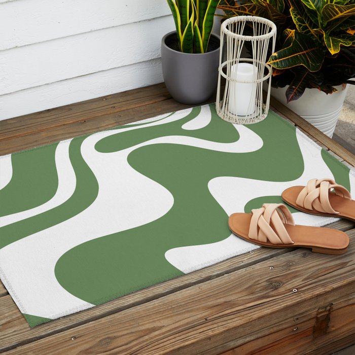 Retro Liquid Swirl Contemporary Abstract Pattern 2 in Fern Green and White Outdoor Rug Gallery Image 2