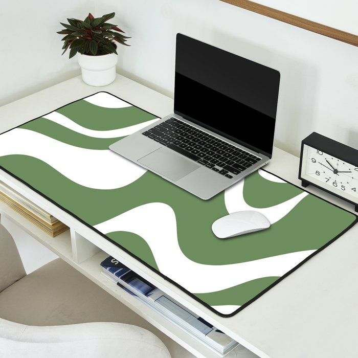 Retro Liquid Swirl Contemporary Abstract Pattern 2 in Fern Green and White Desk Mat Gallery Image 2