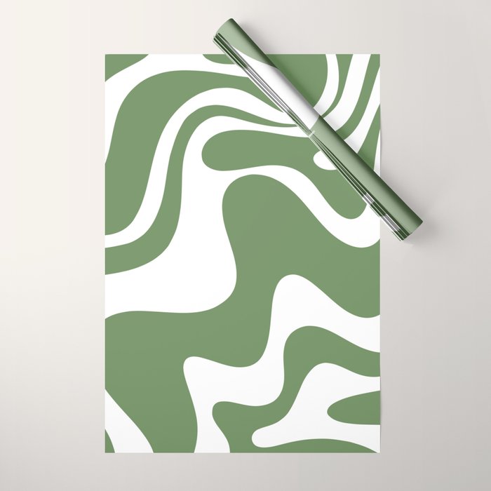 Retro Liquid Swirl Contemporary Abstract Pattern 2 in Fern Green and White Wrapping Paper Gallery Image 1