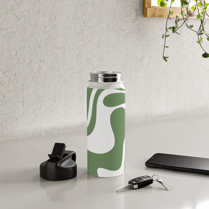 Retro Liquid Swirl Contemporary Abstract Pattern 2 in Fern Green and White Water Bottle Gallery Image 4