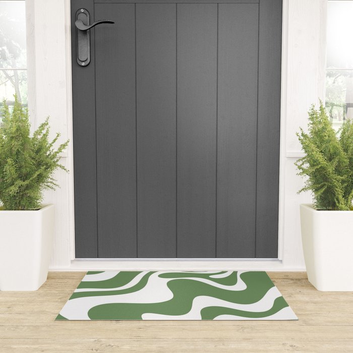 Retro Liquid Swirl Contemporary Abstract Pattern 2 in Fern Green and White Welcome Mat Gallery Image 3