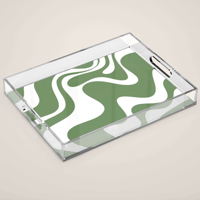 Retro Liquid Swirl Contemporary Abstract Pattern 2 in Fern Green and White Acrylic Tray Gallery Image 1