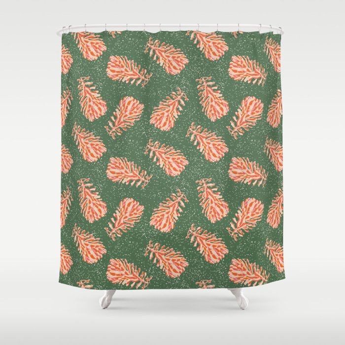Dancing Pinecones in Sage Green & Red Shower Curtain Gallery Image 1