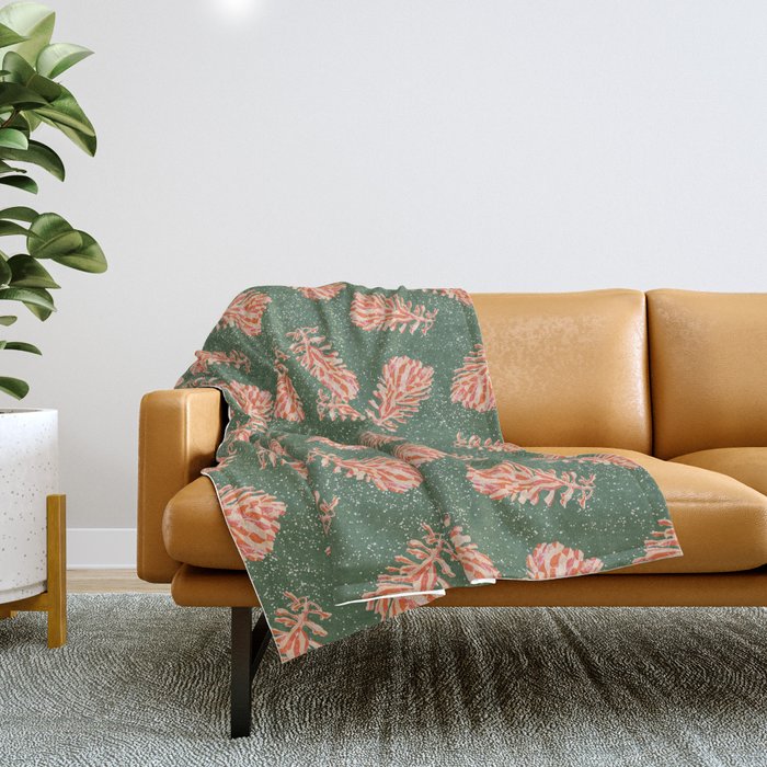 Dancing Pinecones in Sage Green & Red Throw Blanket Gallery Image 1