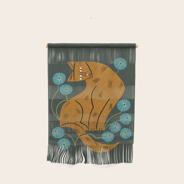 Playful Tabby and Blue Flowers Wall Hanging Gallery Image 1