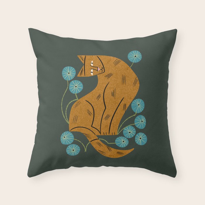 Playful Tabby and Blue Flowers Throw Pillow Gallery Image 1