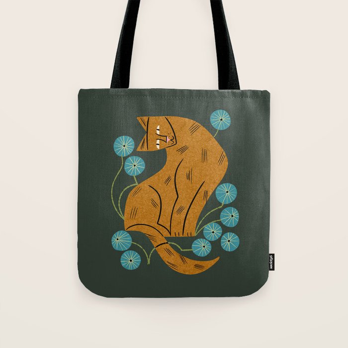 Playful Tabby and Blue Flowers Tote Bag Gallery Image 1