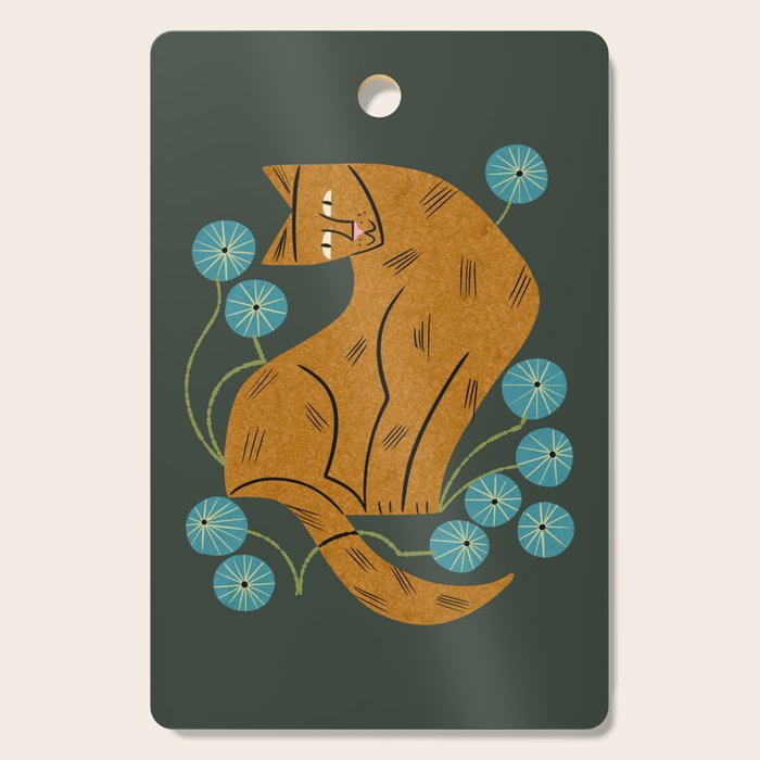 Playful Tabby and Blue Flowers Cutting Board Gallery Image 1