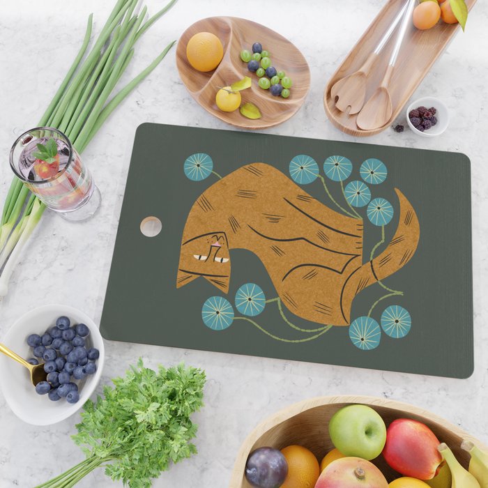 Playful Tabby and Blue Flowers Cutting Board Gallery Image 2