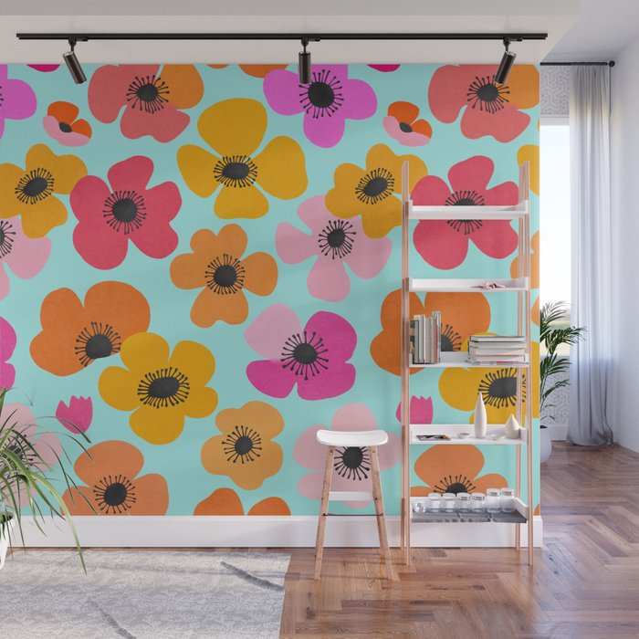 Midcentury Playful Botanical Bold Multicolor Retro Flowers Turquoise Wall Mural Gallery Image 1