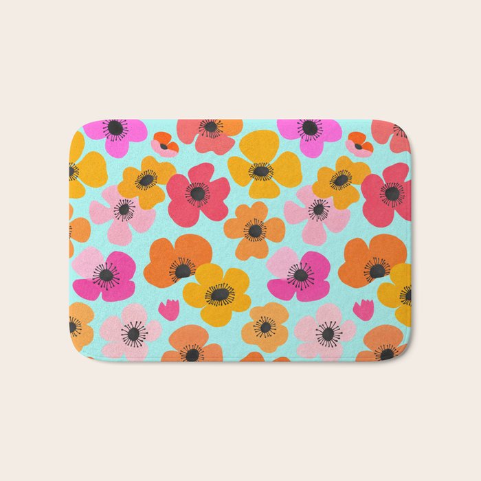 Midcentury Playful Botanical Bold Multicolor Retro Flowers Turquoise Bath Mat Gallery Image 1