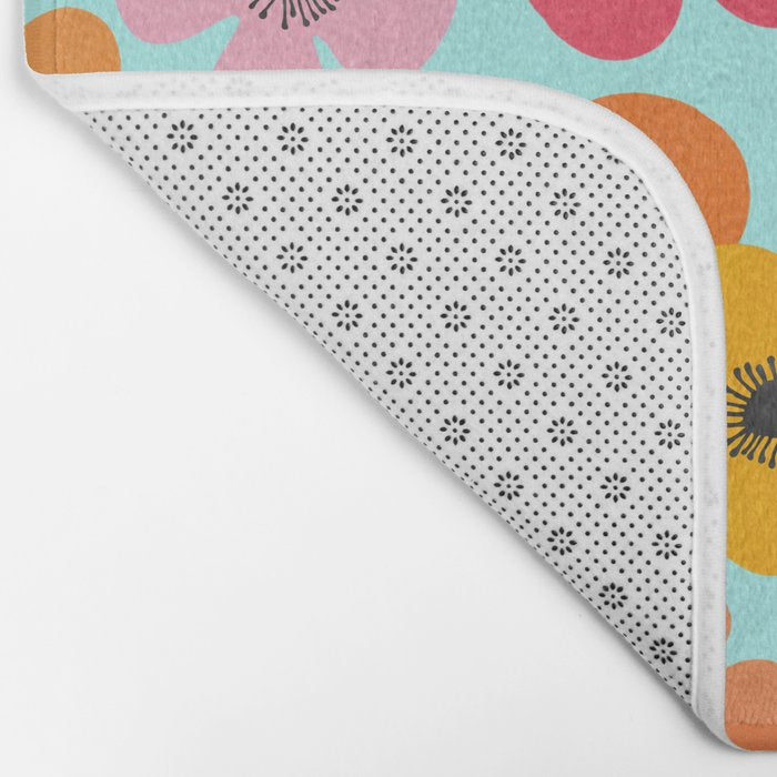 Midcentury Playful Botanical Bold Multicolor Retro Flowers Turquoise Bath Mat Gallery Image 2