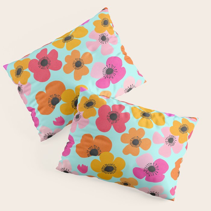 Midcentury Playful Botanical Bold Multicolor Retro Flowers Turquoise Pillow Sham Gallery Image 3