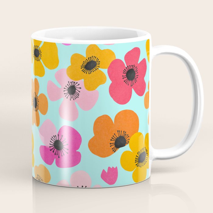 Midcentury Playful Botanical Bold Multicolor Retro Flowers Turquoise Coffee Mug Gallery Image 1