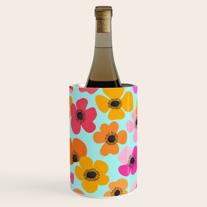 Midcentury Playful Botanical Bold Multicolor Retro Flowers Turquoise Wine Chiller Gallery Image 1