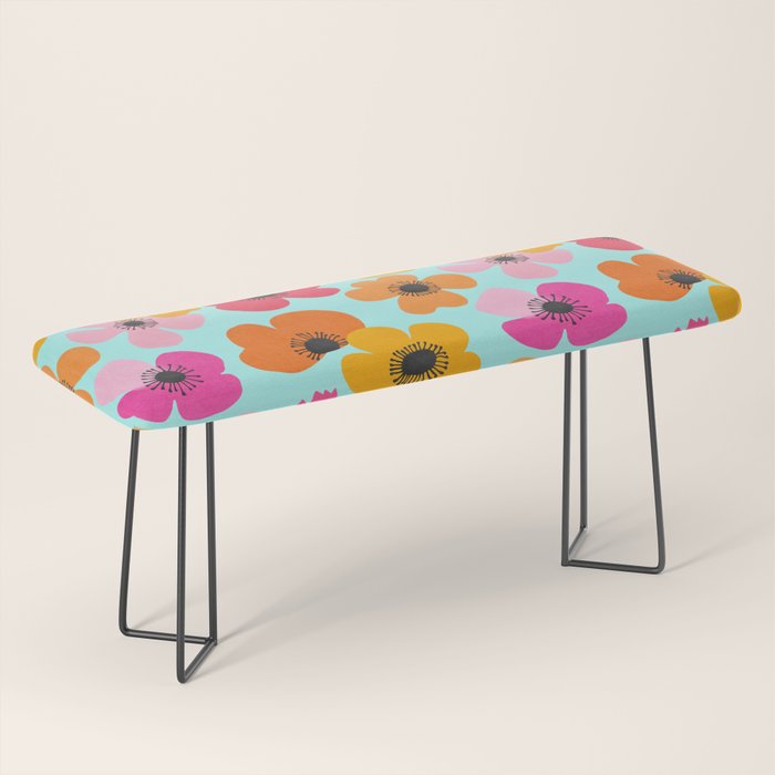 Midcentury Playful Botanical Bold Multicolor Retro Flowers Turquoise Bench Gallery Image 1