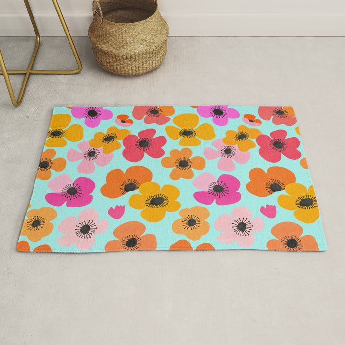 Midcentury Playful Botanical Bold Multicolor Retro Flowers Turquoise Rug Gallery Image 1