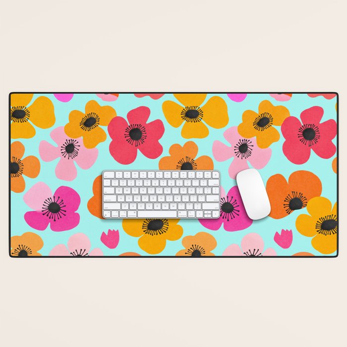 Midcentury Playful Botanical Bold Multicolor Retro Flowers Turquoise Desk Mat Gallery Image 1