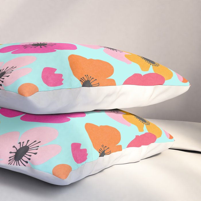 Midcentury Playful Botanical Bold Multicolor Retro Flowers Turquoise Pillow Sham Gallery Image 3