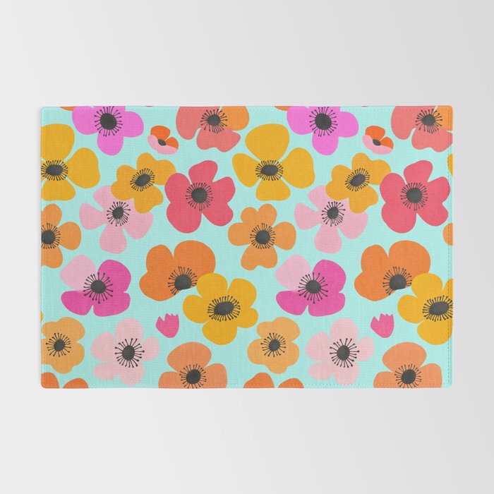 Midcentury Playful Botanical Bold Multicolor Retro Flowers Turquoise Rug Gallery Image 2