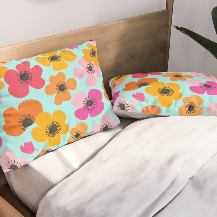 Midcentury Playful Botanical Bold Multicolor Retro Flowers Turquoise Pillow Sham Gallery Image 2