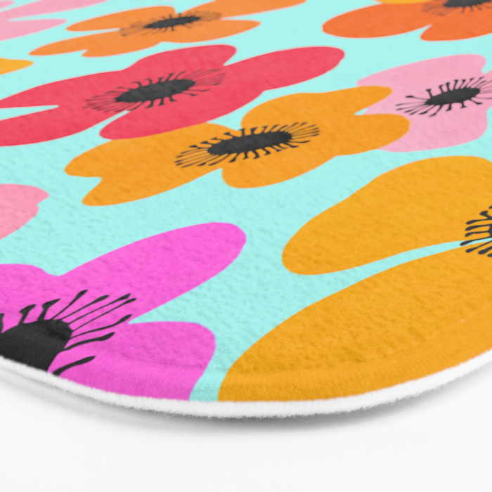 Midcentury Playful Botanical Bold Multicolor Retro Flowers Turquoise Bath Mat Gallery Image 3