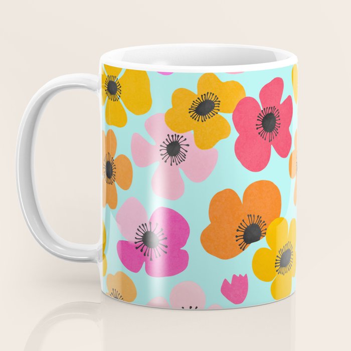 Midcentury Playful Botanical Bold Multicolor Retro Flowers Turquoise Coffee Mug Gallery Image 3