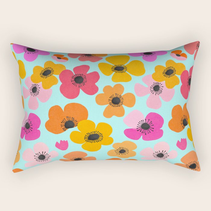Midcentury Playful Botanical Bold Multicolor Retro Flowers Turquoise Rectangular Pillow Gallery Image 1