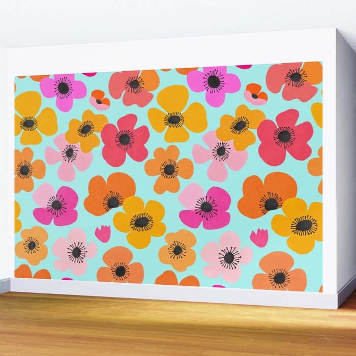 Midcentury Playful Botanical Bold Multicolor Retro Flowers Turquoise Wall Mural Gallery Image 2