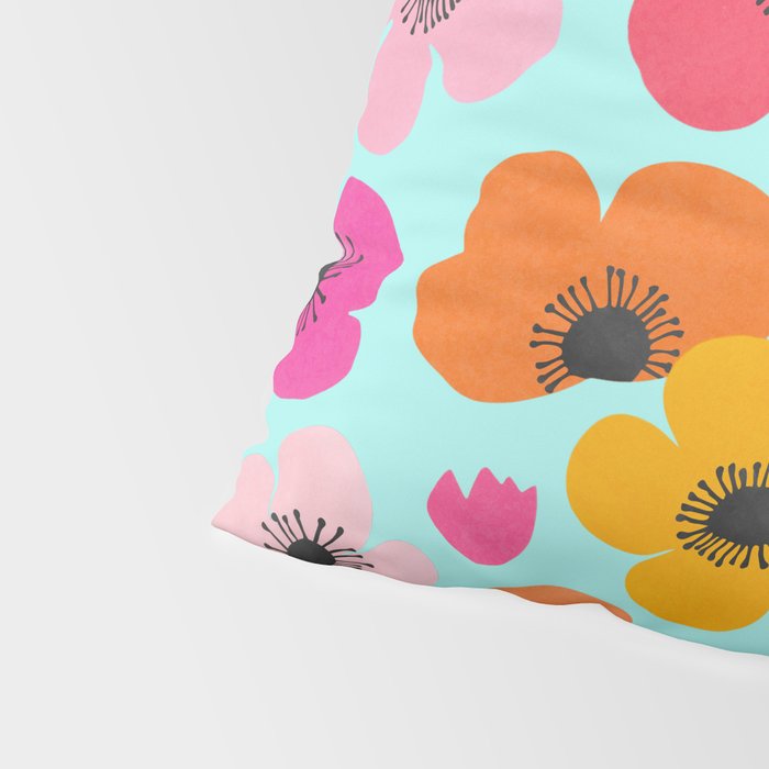 Midcentury Playful Botanical Bold Multicolor Retro Flowers Turquoise Pillow Sham Gallery Image 4