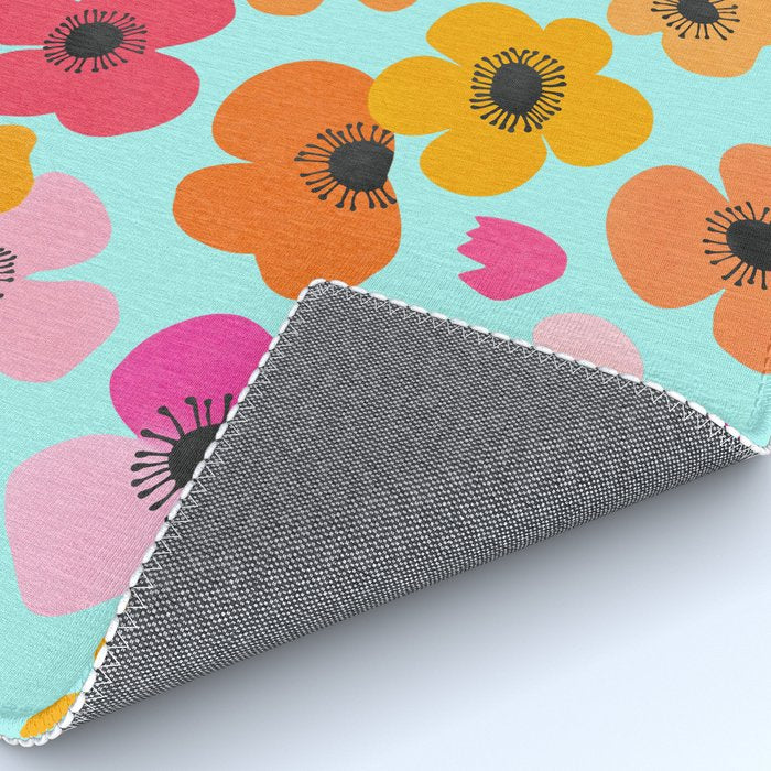 Midcentury Playful Botanical Bold Multicolor Retro Flowers Turquoise Rug Gallery Image 4
