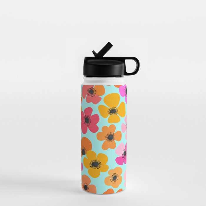 Midcentury Playful Botanical Bold Multicolor Retro Flowers Turquoise Water Bottle Gallery Image 1