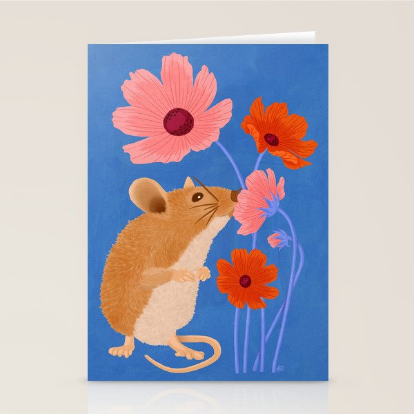 Meadow Mouse and Cosmos Blooms Stationery Card Gallery Image 1