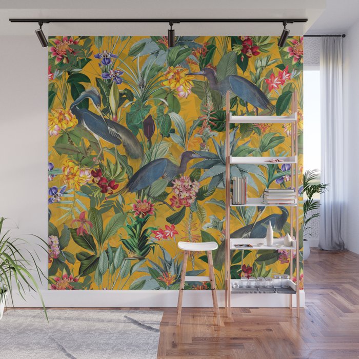 Vintage & Shabby Chic - Sunny Tropical Garden Blue Heron Wall Mural Gallery Image 1