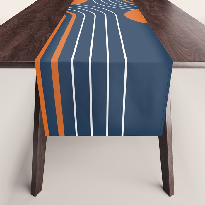 Mid Century Modern Geometric 111 in Navy Blue and Vintage Orange (Rainbow and Sun Abstraction) Table Runner Gallery Image 1