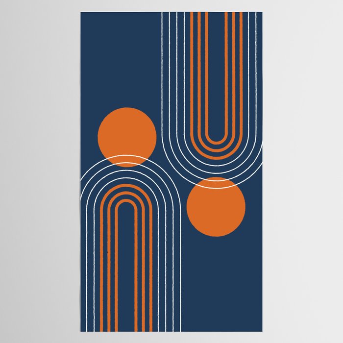 Mid Century Modern Geometric 111 in Navy Blue and Vintage Orange (Rainbow and Sun Abstraction) Tablecloth Gallery Image 2