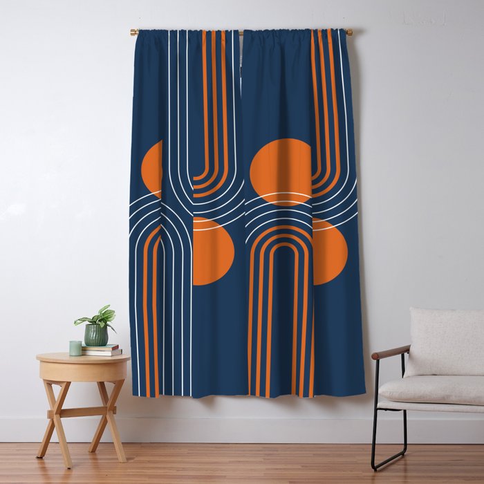 Mid Century Modern Geometric 111 in Navy Blue and Vintage Orange (Rainbow and Sun Abstraction) Window Curtain Gallery Image 5