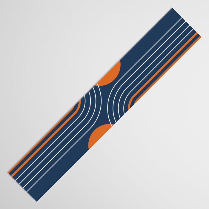 Mid Century Modern Geometric 111 in Navy Blue and Vintage Orange (Rainbow and Sun Abstraction) Table Runner Gallery Image 3