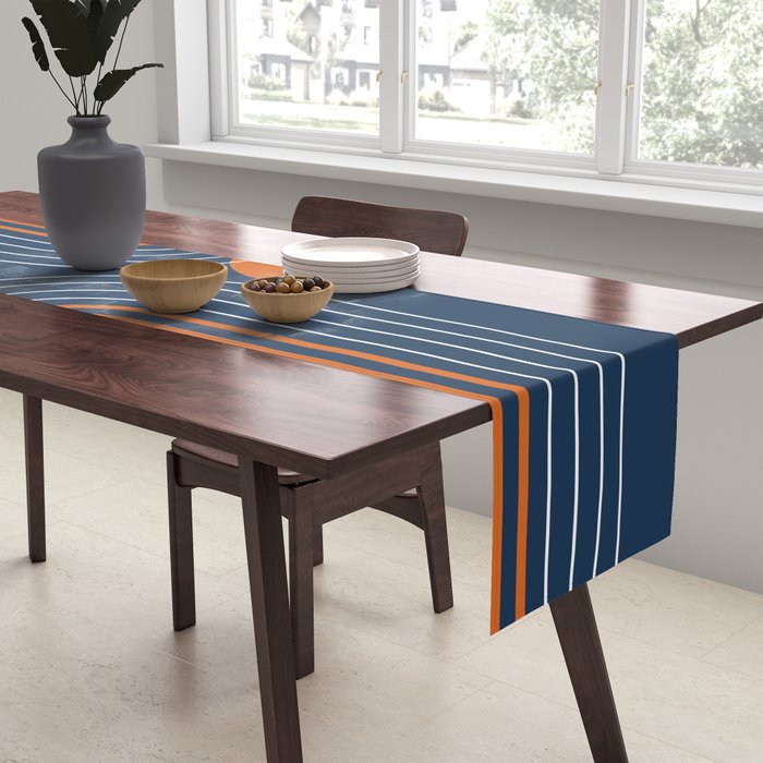 Mid Century Modern Geometric 111 in Navy Blue and Vintage Orange (Rainbow and Sun Abstraction) Table Runner Gallery Image 2