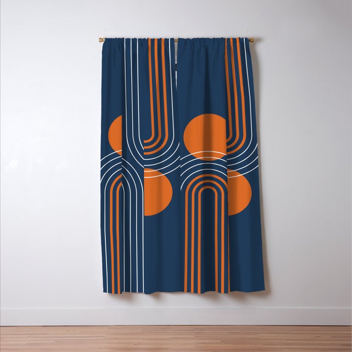 Mid Century Modern Geometric 111 in Navy Blue and Vintage Orange (Rainbow and Sun Abstraction) Window Curtain Gallery Image 3