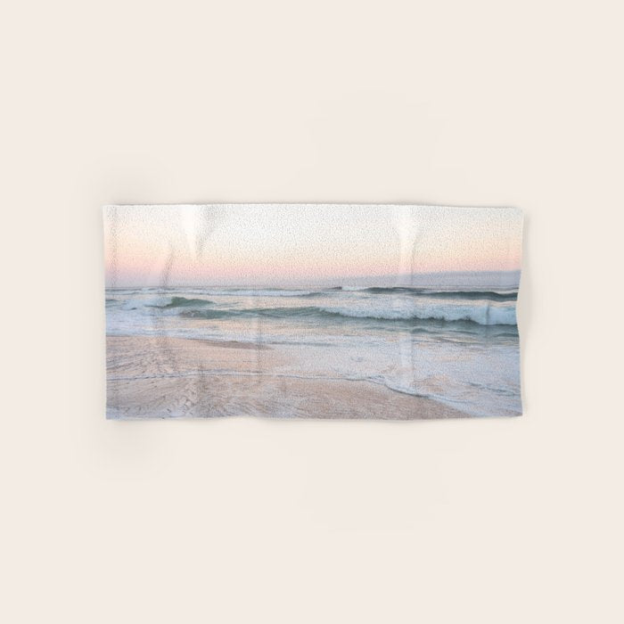 Blush pink sunrise at Praia da Adraga in Portugal  Summer nature and travel photography Bath Towel Gallery Image 1