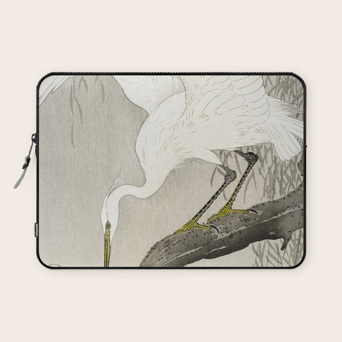 White Heron Sitting On A Tree Branch - Vintage Japanese Woodblock Print Art Laptop Sleeve Gallery Image 1