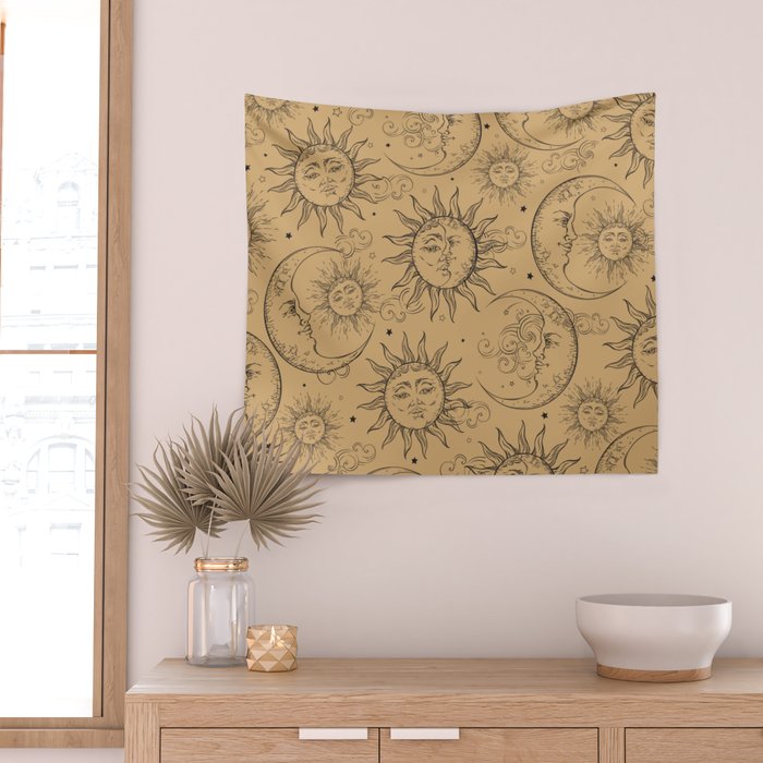 Tan Magic Celestial Sun Moon Stars Wall Tapestry Gallery Image 2
