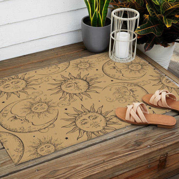 Tan Magic Celestial Sun Moon Stars Outdoor Rug Gallery Image 2
