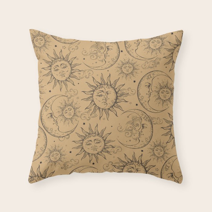 Tan Magic Celestial Sun Moon Stars Throw Pillow Gallery Image 1